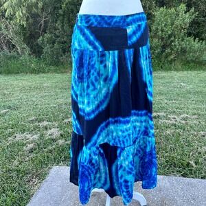 Y2k Tie Dye Tiered Resort Boho Fairy Beachy Maxi Skirt Womens M Blue Black